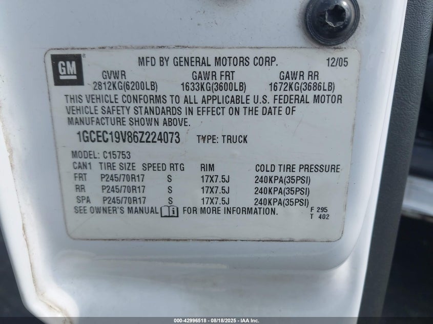 2006 Chevrolet Silverado 1500 Lt1 VIN: 1GCEC19V86Z224073 Lot: 42996518