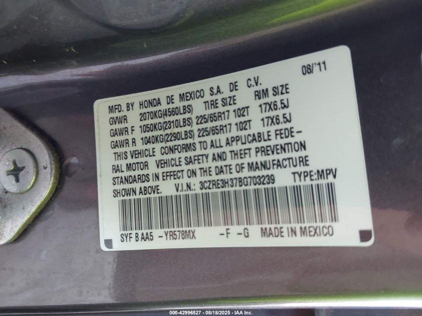 2011 Honda Cr-V Lx VIN: 3CZRE3H37BG703239 Lot: 42996527