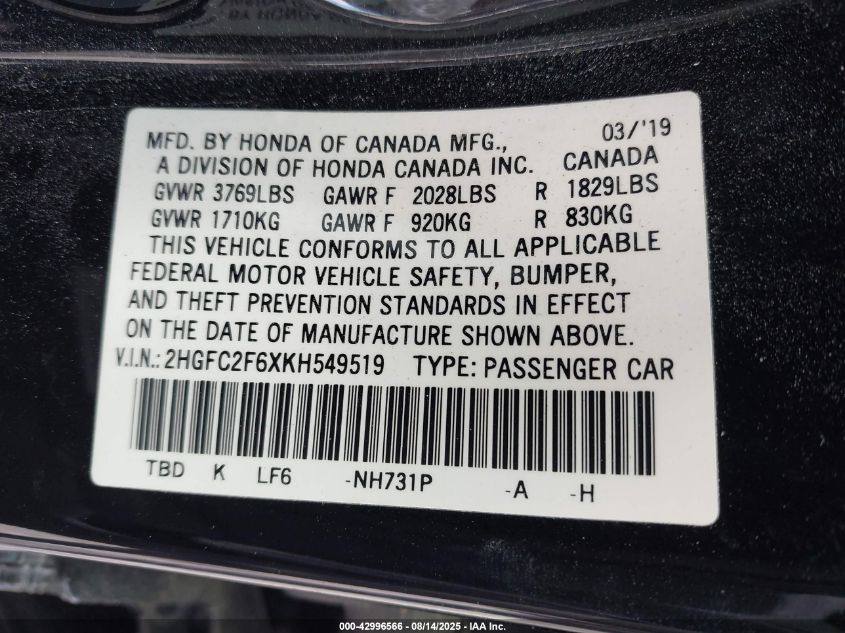 2019 Honda Civic Lx VIN: 2HGFC2F6XKH549519 Lot: 42996566