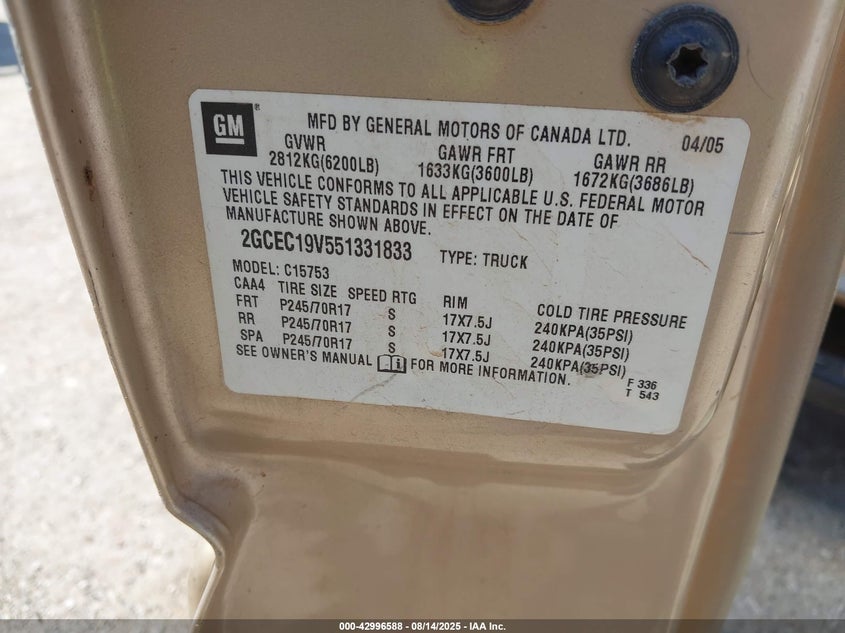 2005 Chevrolet Silverado 1500 Ls VIN: 2GCEC19V551331833 Lot: 42996588