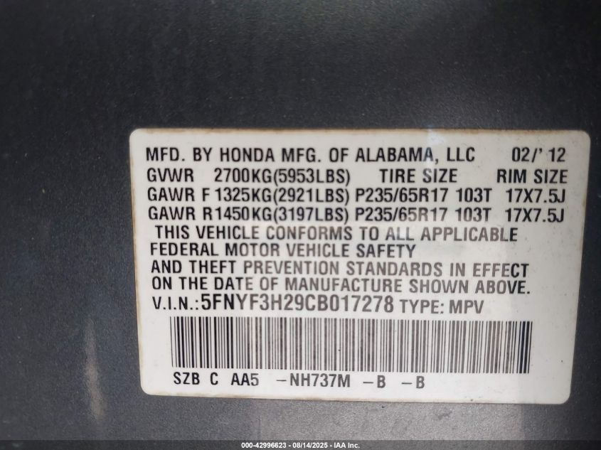 2012 Honda Pilot Lx VIN: 5FNYF3H29CB01278 Lot: 42996623