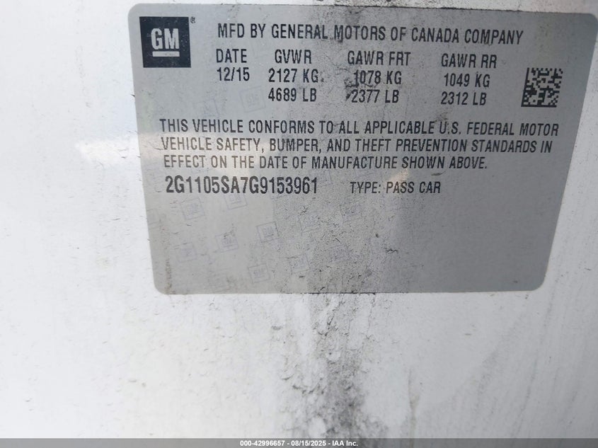 2016 CHEVROLET IMPALA 1LT - 2G1105SA7G9153961