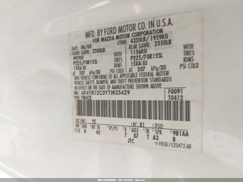 2000 Mazda B2500 Se/Sx VIN: 4F4YR12C0YTM35429 Lot: 42996668