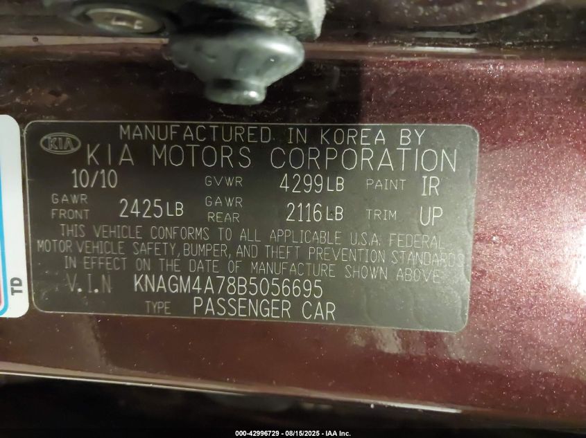 2011 Kia Optima Lx VIN: KNAGM4A78B5056695 Lot: 42996729