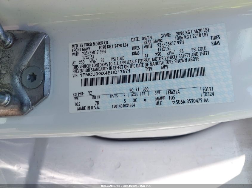 2014 Ford Escape Se VIN: 1FMCU0GX4EUD17571 Lot: 42996750