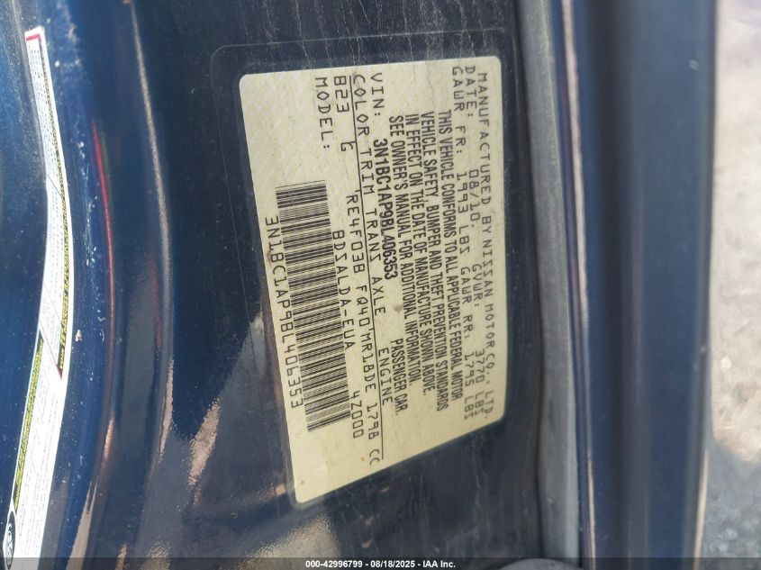 2011 Nissan Versa 1.8S VIN: 3N1BC1AP9BL406353 Lot: 42996799