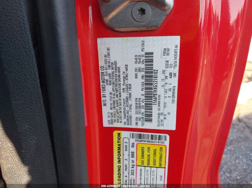 2016 Ford Mustang Ecoboost VIN: 1FA6P8THXG5218102 Lot: 42996826