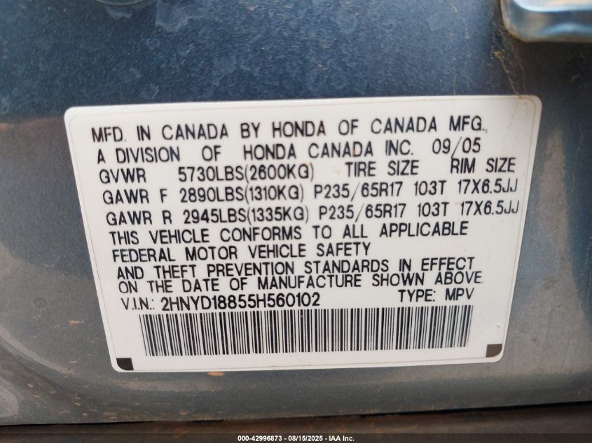 2005 Acura Mdx VIN: 2HNYD18855H560102 Lot: 42996873