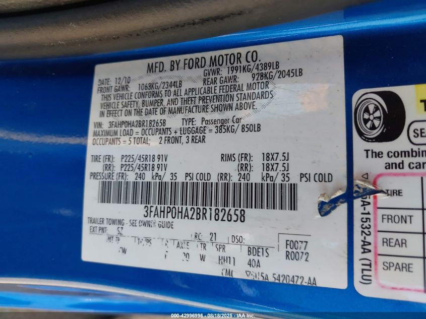 2011 Ford Fusion Se VIN: 3FAHP0HA2BR182658 Lot: 42996996