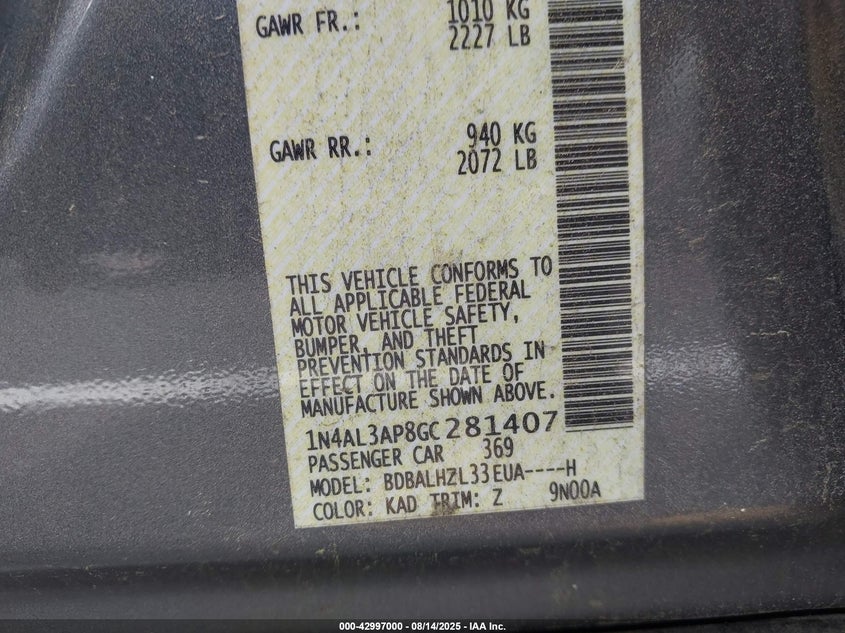 2016 NISSAN ALTIMA 2.5 SR 1N4AL3AP8GC281407