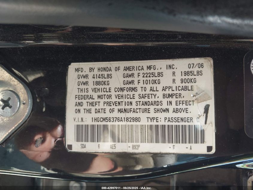 2006 Honda Accord 2.4 Se VIN: 1HGCM56376A182980 Lot: 42997011