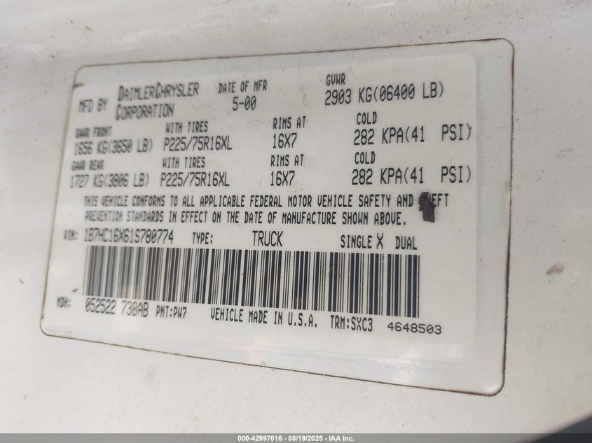 2001 Dodge Ram 1500 St/Ws VIN: 1B7HC16X61S780774 Lot: 42997016