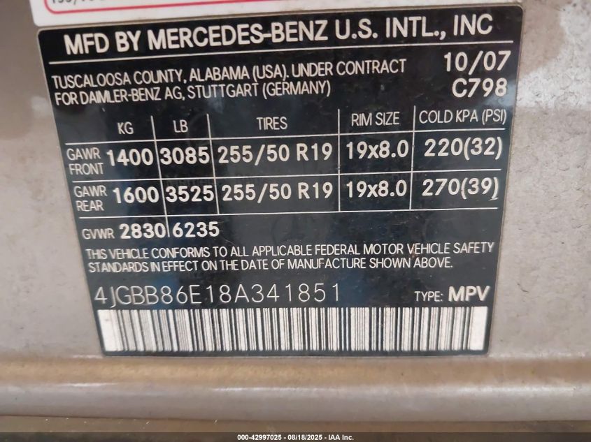 2008 Mercedes-Benz Ml 350 4Matic VIN: 4JGBB86E18A341851 Lot: 42997025