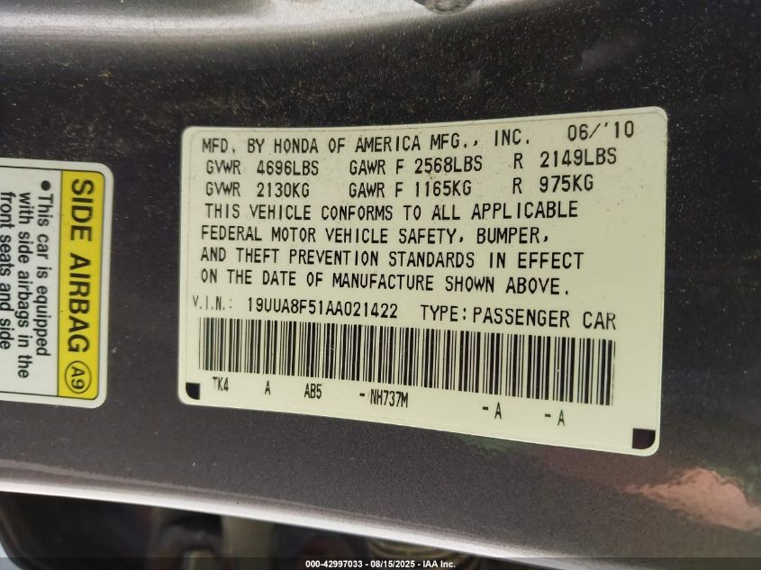 2010 Acura Tl 3.5 VIN: 19UUA8F51AA021422 Lot: 42997033