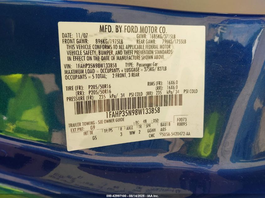 2008 Ford Focus Se/Ses VIN: 1FAHP35N98W133858 Lot: 42997100