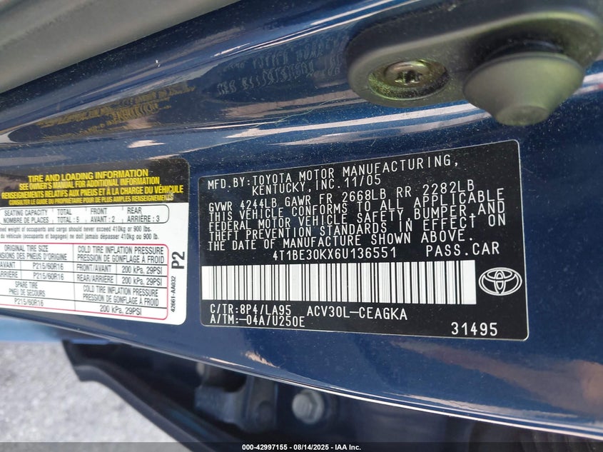 2006 Toyota Camry Xle VIN: 4T1BE30KX6U136551 Lot: 42997155