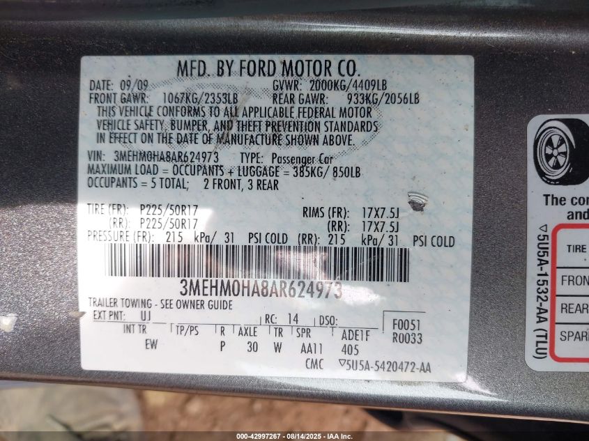 2010 Mercury Milan VIN: 3MEHM0HA8AR624973 Lot: 42997267