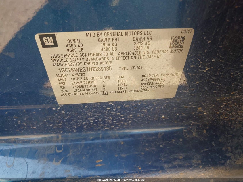 2017 Chevrolet Silverado 2500Hd Ltz VIN: 1GC2KWEG7HZ289185 Lot: 42997355