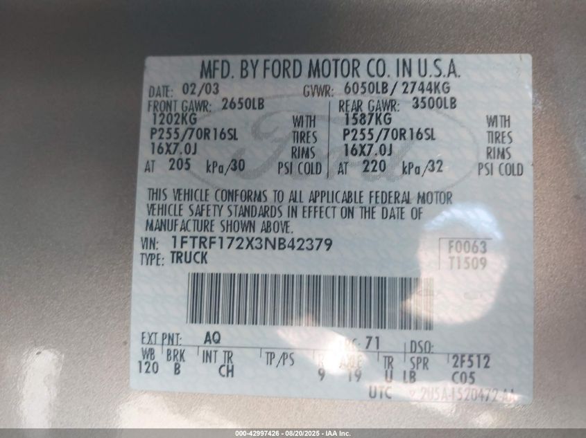 2003 Ford F-150 Xl/Xlt VIN: 1FTRF172X3ND42379 Lot: 42997426