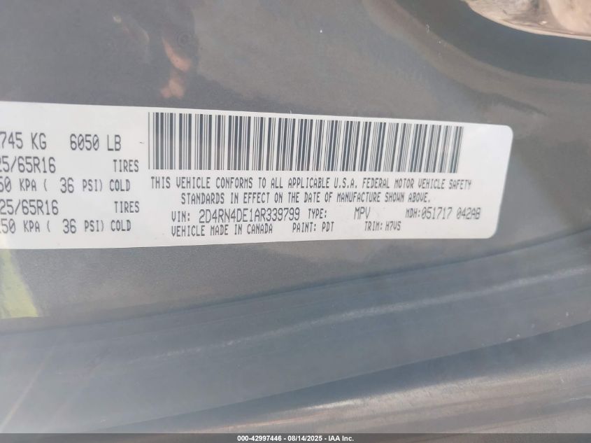 2010 Dodge Grand Caravan Se VIN: 2D4RN4DE1AR339799 Lot: 42997446