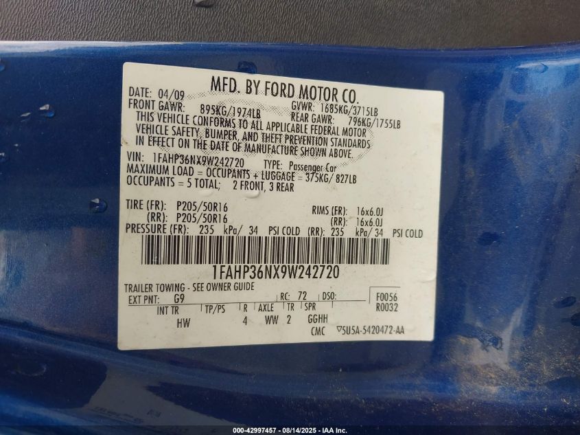 2009 Ford Focus Ses VIN: 1FAHP36NX9W242720 Lot: 42997457