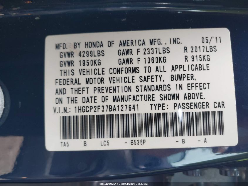 2011 Honda Accord 2.4 Lx VIN: 1HGCP2F37BA127641 Lot: 42997513