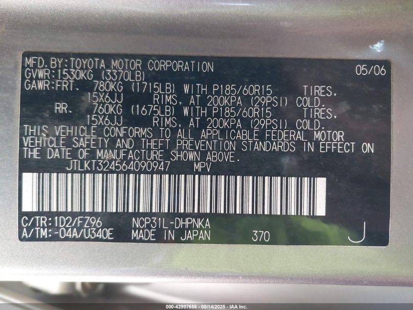 2006 Scion Xb VIN: JTLKT324564090947 Lot: 42997656