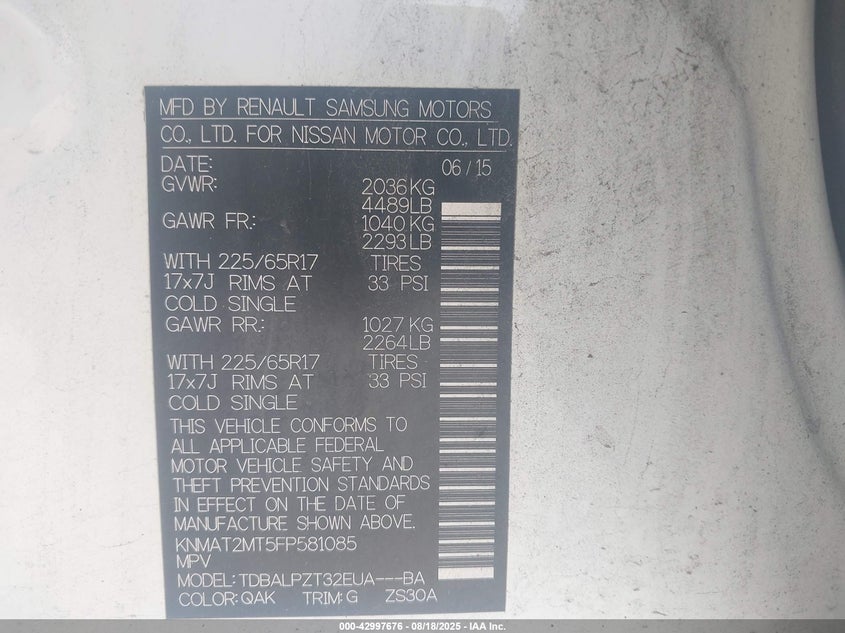 2015 Nissan Rogue S VIN: KNMAT2MT5FP581085 Lot: 42997676