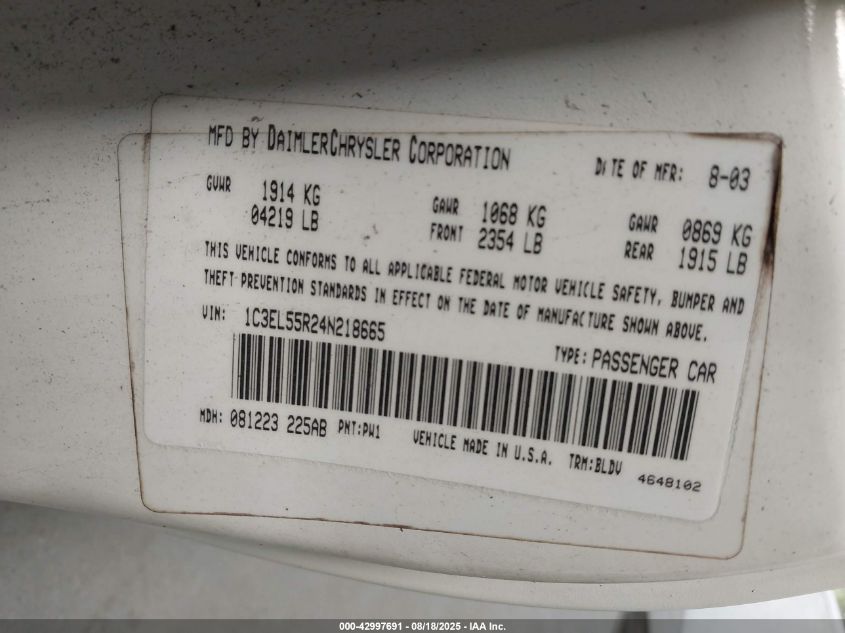 2004 Chrysler Sebring Lxi VIN: 1C3EL55R24N218665 Lot: 42997691