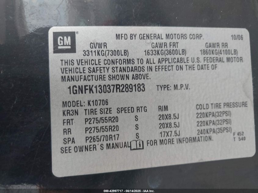 2007 Chevrolet Tahoe Ltz VIN: 1GNFK13037R289183 Lot: 42997717