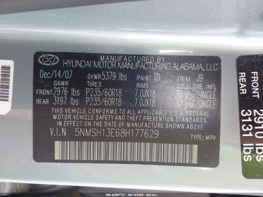 2008 Hyundai Santa Fe Limited/Se VIN: 5NMSH13E68H177629 Lot: 42997727
