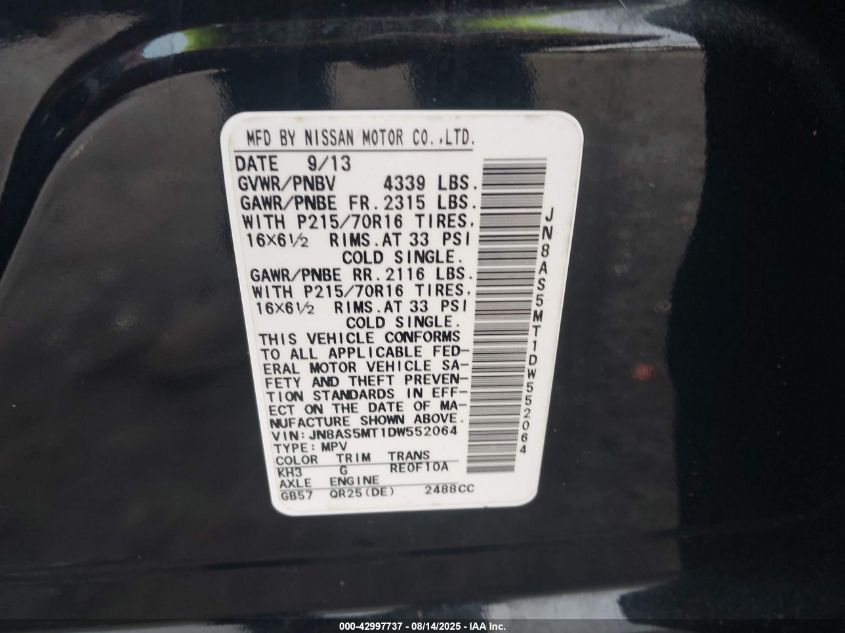 2013 Nissan Rogue S VIN: JN8AS5MT1DW552064 Lot: 42997737