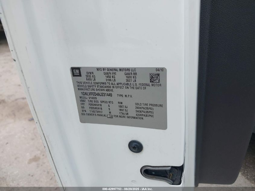 2010 Chevrolet Traverse Lt VIN: 1GNLVFED4AJ231449 Lot: 42997753