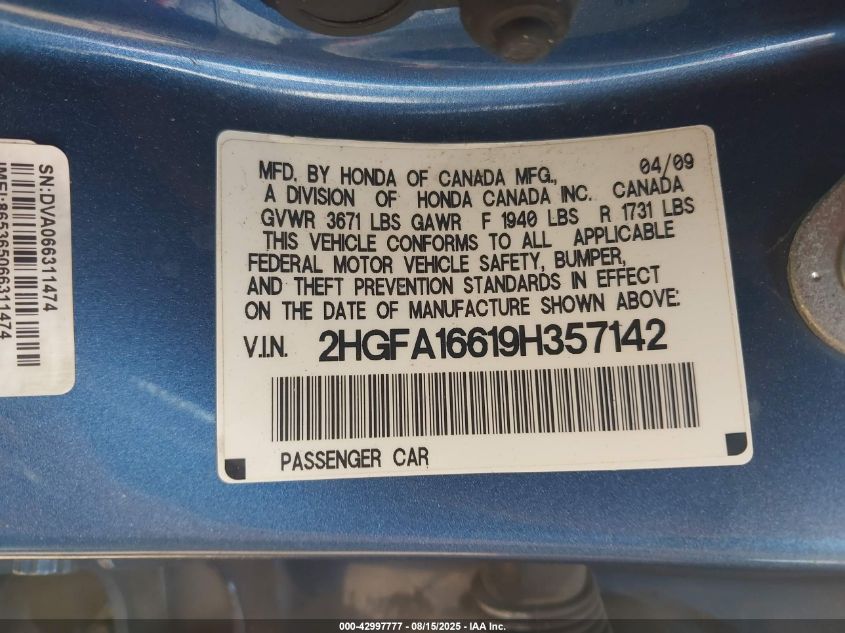 2009 Honda Civic Lx-S VIN: 2HGFA16619H357142 Lot: 42997777