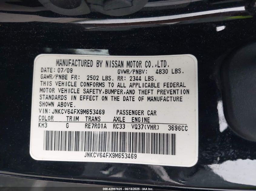2009 Infiniti G37X VIN: JNKCV64FX9M653469 Lot: 42997825