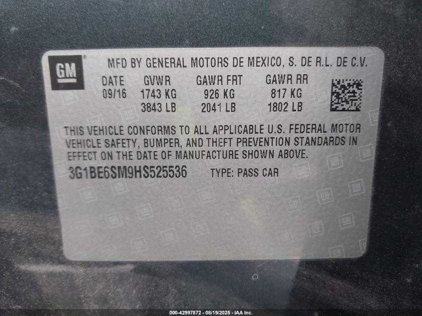 2017 Chevrolet Cruze Lt Auto VIN: 3G1BE6SM9HS525536 Lot: 42997872