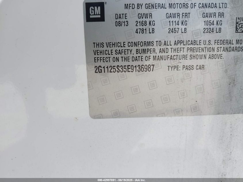 2014 Chevrolet Impala 2Lt VIN: 2G1125S35E9136987 Lot: 42997891