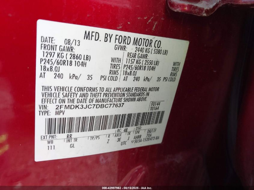 2013 Ford Edge Sel VIN: 2FMDK3JC7DBC77637 Lot: 42997962