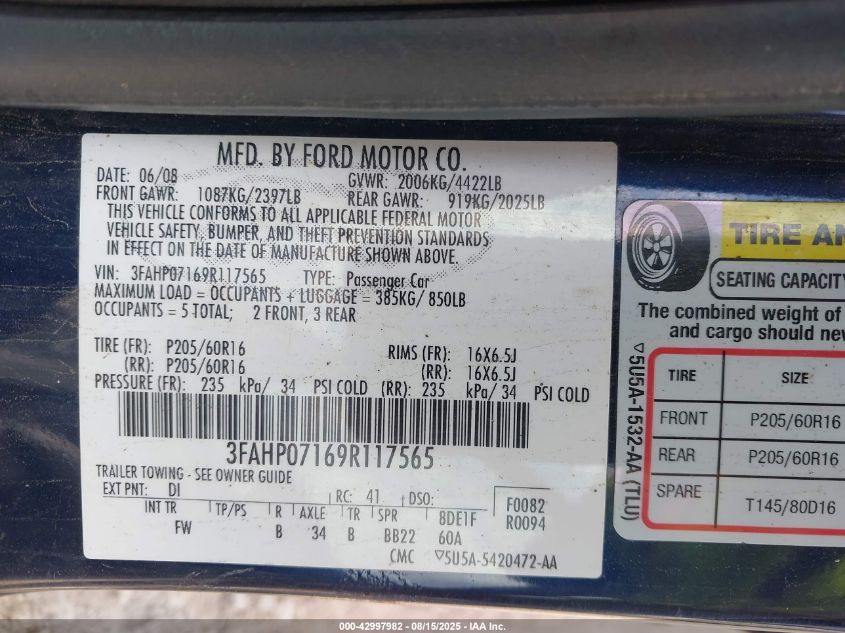 2009 Ford Fusion Se VIN: 3FAHP07169R117565 Lot: 42997982