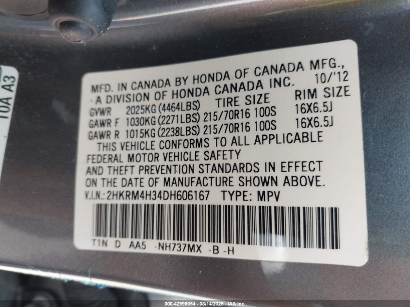 2013 Honda Cr-V Lx VIN: 2HKRM4H34DH606167 Lot: 42998054