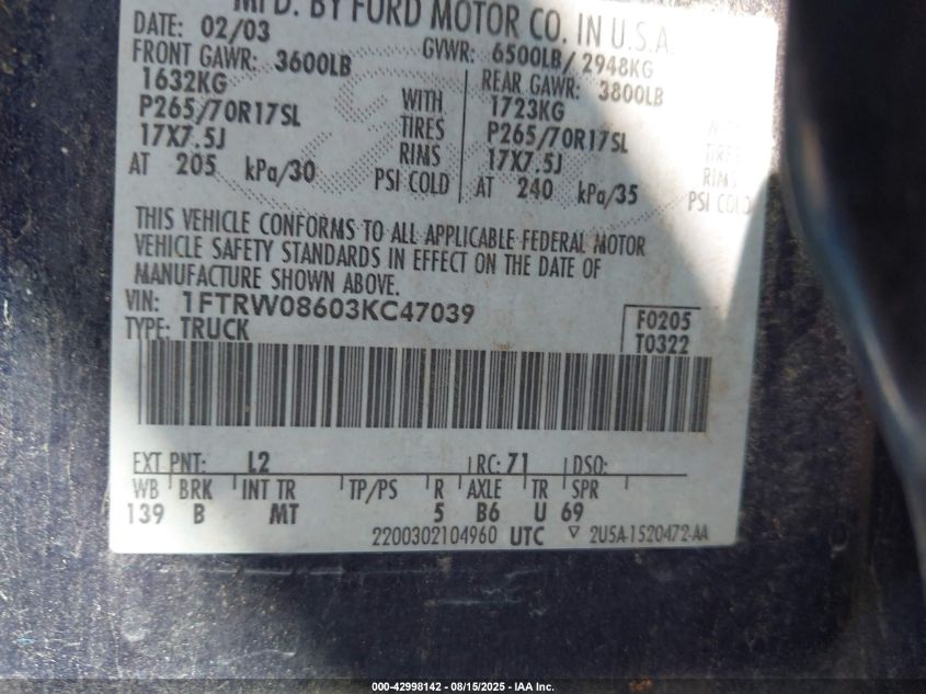 2003 Ford F-150 VIN: 1FPRW08603KC47039 Lot: 42998142