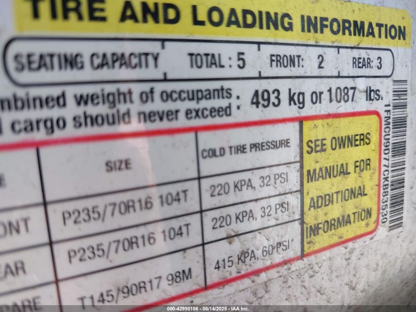 2012 Ford Escape Xlt VIN: 1FMCU9D77CKB83530 Lot: 42998156