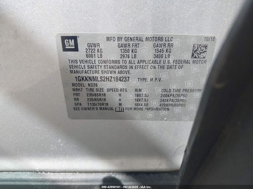 2017 GMC Acadia Slt-1 VIN: 1GKKNMLS2HZ184237 Lot: 42998161