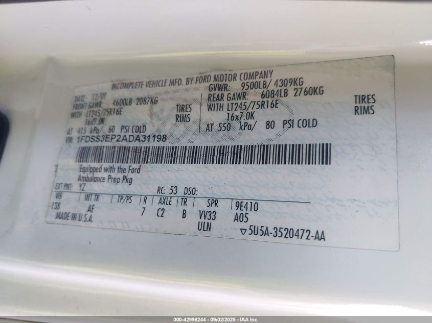 2010 Ford E-350 Super Duty Commercial VIN: 1FDSS3EP2ADA31198 Lot: 42998244