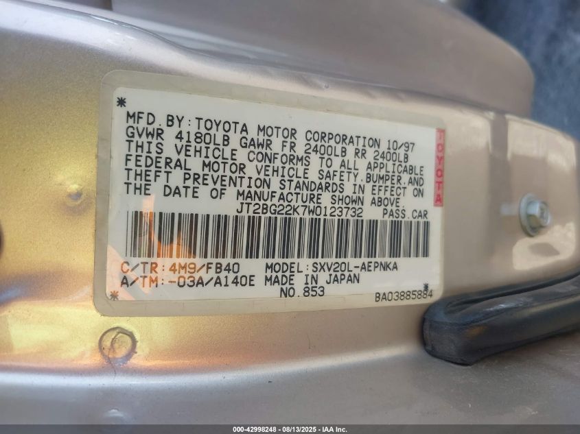 1998 Toyota Camry Ce/Le/Xle VIN: JT2BG22K7W0123732 Lot: 42998248