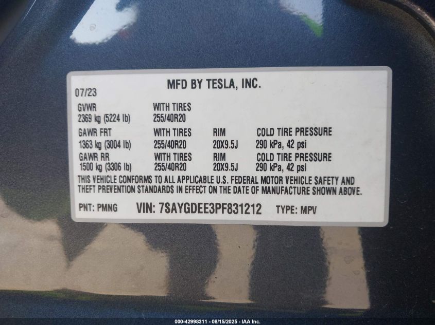 2023 Tesla Model Y VIN: 7SAYGDEE3PF831212 Lot: 42998311