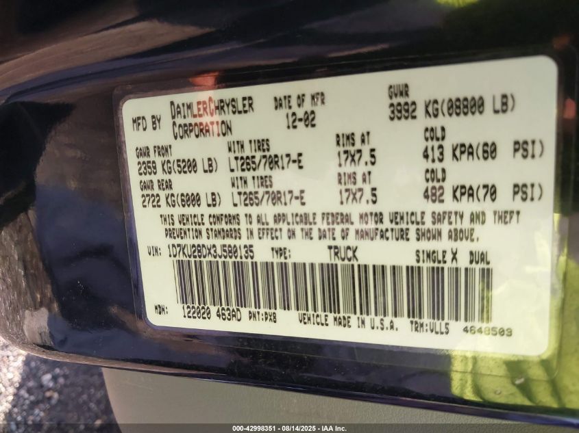 2003 Dodge Ram 2500 St/Slt VIN: 1D7KU28DX3J580135 Lot: 38580298