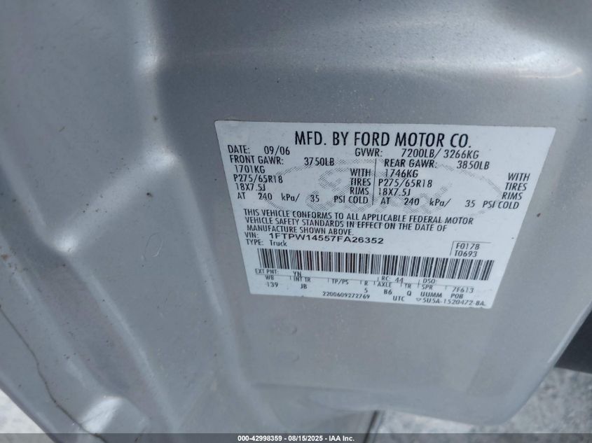 2007 Ford F-150 Fx4/Lariat/Xlt VIN: 1FTPW14557FA26352 Lot: 42998359