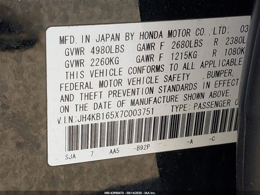 2007 Acura Rl VIN: JH4KB165X7C003751 Lot: 42998470