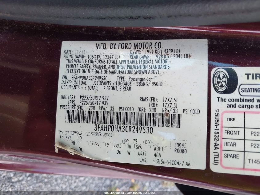 2012 Ford Fusion Se VIN: 3FAHP0HA3CR249530 Lot: 42998533